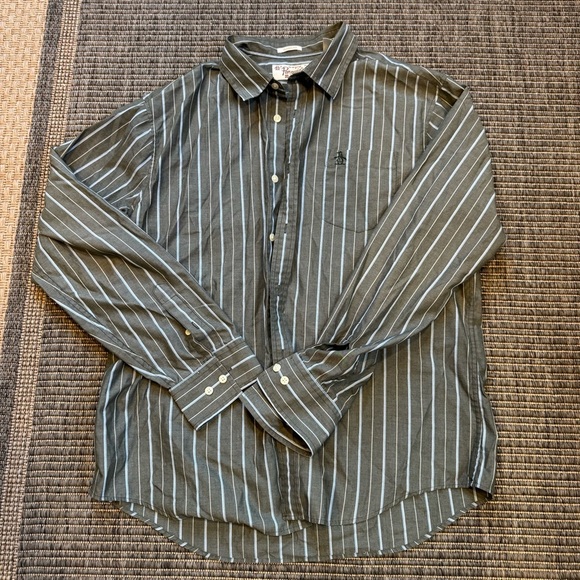 Original Penguin Army Green and White Striped Shirt - Picture 1 of 3